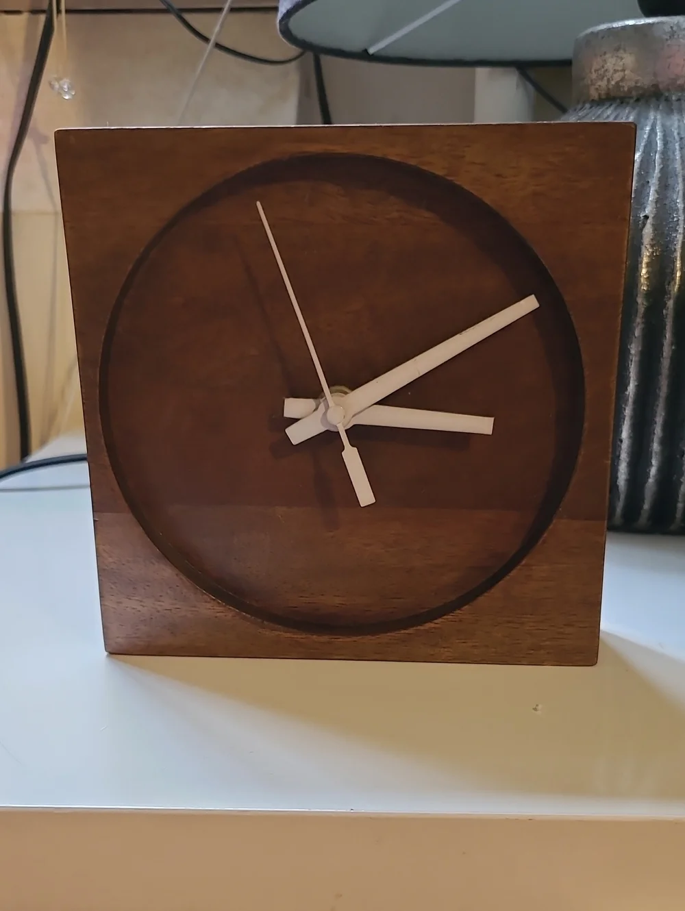 CB2 Brown Wooden Square Desk Table Clock with White Hands